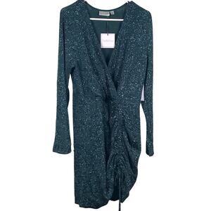 Premier Amour Mini Dress Size 14 Hunter Green V-Neck Glitter Cinched Hem NWT
